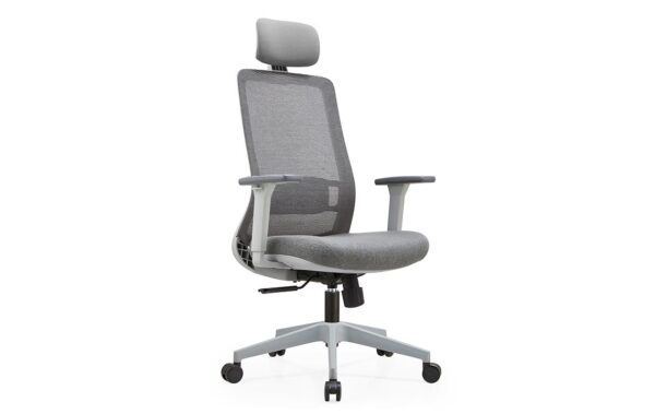 Ergonomic grey executive chair with adjustable settings and sleek design.