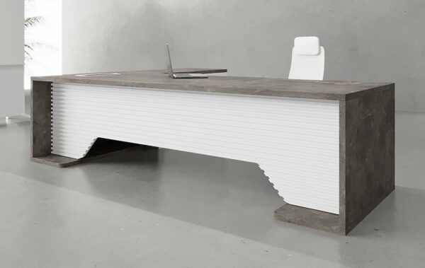 Kero L Shaped CEO Executive Desk White with lockable drawers, open shelves, and sleek modern design for executive offices in Dubai.