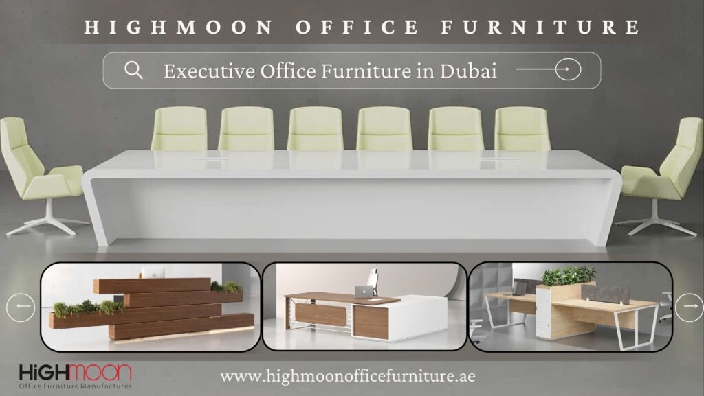 Executive office furniture including desks and chairs in a modern Dubai office setting.