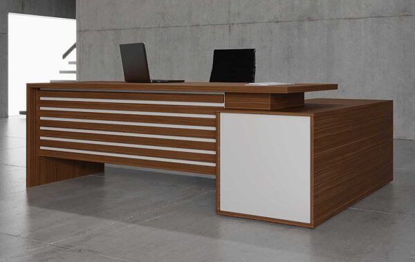 Glax L Shaped Executive Desk with white leg, featuring lockable drawers and open shelves, from Highmoon Office Furniture UAE.